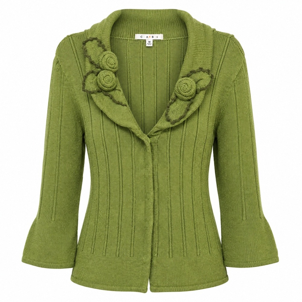 Cabi Whimsical Fairycore Cardigan Women Size M Mossy Cottagecore Floral Rosette